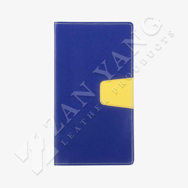 撞色系封套工商日誌，藍與黃搭配，多功能內側口袋、PVC透明名片袋