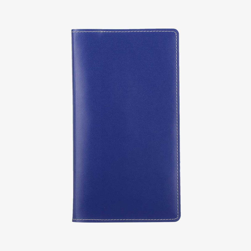 撞色系封套工商日誌，藍與黃搭配，多功能內側口袋、PVC透明名片袋、背面。