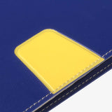 撞色系封套工商日誌，藍與黃搭配，多功能內側口袋、PVC透明名片袋，細節