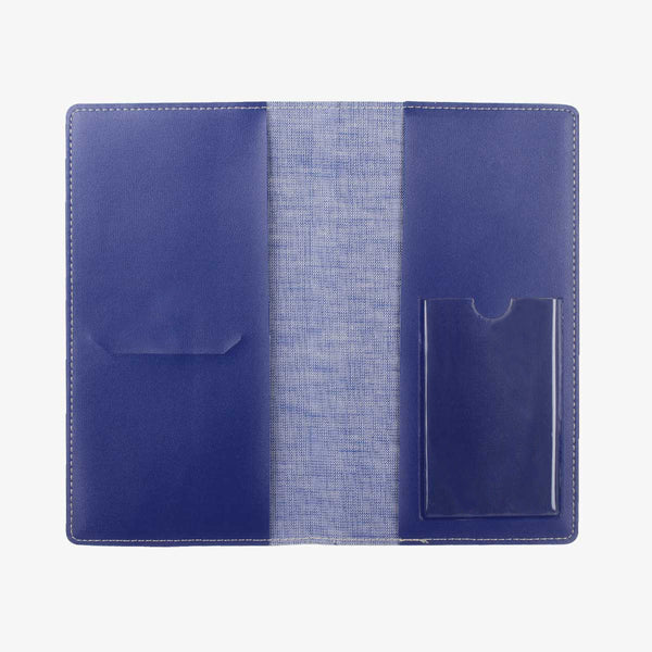 封套撞色系封套工商日誌，藍與黃搭配，多功能內側口袋、PVC透明名片袋，平攤