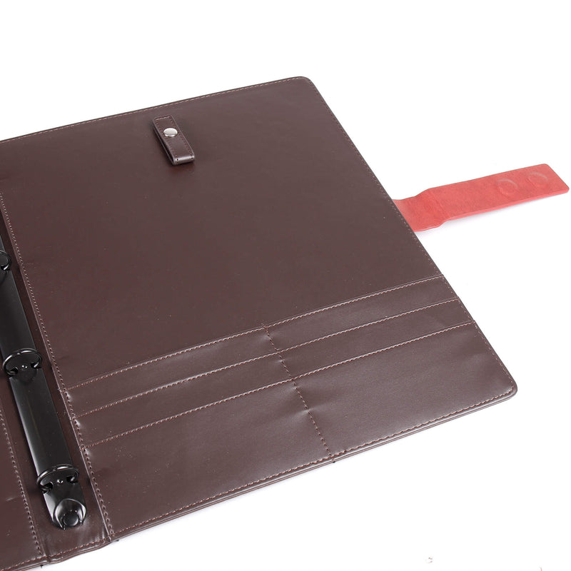 巧克力棕扣帶交屋夾， Logo烙印 、壓印、A4資料袋四孔活頁、鑰匙皮扣、名片袋、扣帶