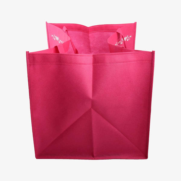 桃紅色嬌豔橫式立體袋，無紡布(不織布)、網印、側邊。