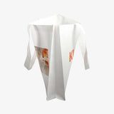 白色簡約橫式立體袋，無紡布(不織布)、熱轉印+網印、側面。