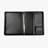 霧光黑交屋拉鍊包，LOGO烙印、燙色、拉鍊、立體資料袋、A4資料袋三孔活頁夾、立體印章網袋、存摺袋