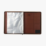 駝色質感拉鍊交屋包，Logo烙印、壓印、燙色、拉鍊、立體資料袋、A4資料袋四孔活頁夾、開窗名片套、鑰匙牌皮扣