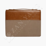 紳士古典拼接拉鍊交屋包，Logo烙印、壓印、拉鍊、立體資料袋、A4資料袋四孔活頁夾、立體印章袋、名片袋、鑰匙牌皮扣