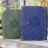 歐式復古工商日誌，25K活頁扣帶款、進口PU仿皮紋、書背激光雕刻、復古五金鉚釘。