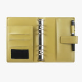 活力黃扣帶工商日誌，平攤，五金書扣、多功能收納袋、筆插、開窗名片、烙印