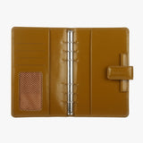 舒適暖色活頁工商日誌，平攤，多功能收納袋、筆插、開窗名片、烙印