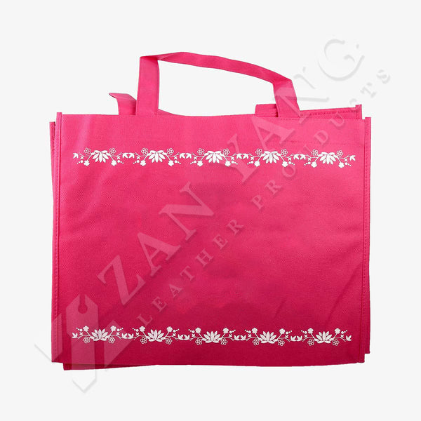 桃紅色嬌豔橫式立體袋，無紡布(不織布)、網印、正面。