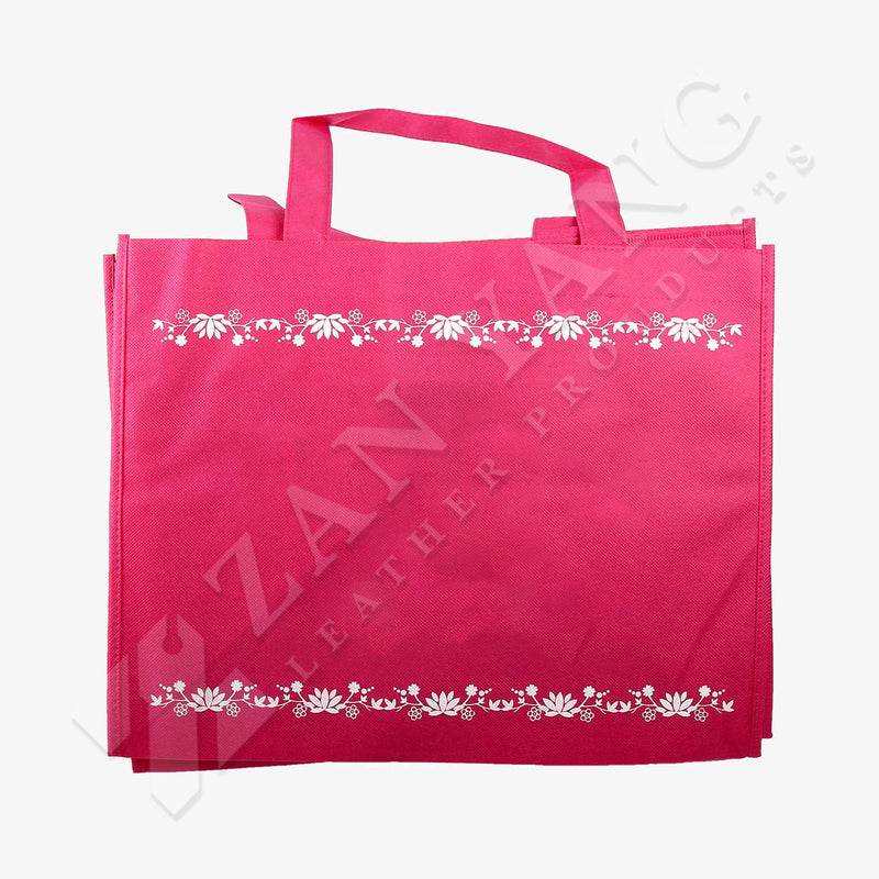 桃紅色嬌豔橫式立體袋，無紡布(不織布)、網印、正面。
