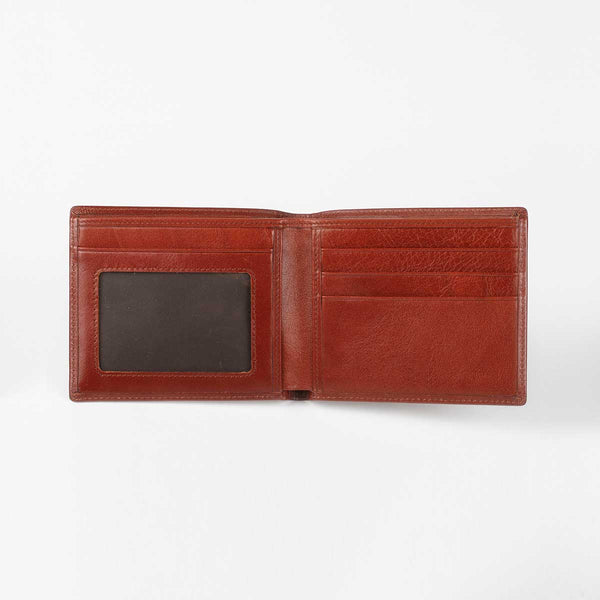 紅棕精緻短夾，進口PU仿皮紋、烙印LOGO、開窗名片夾、多功能內袋。