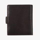 巧克力棕壓扣短夾，進口PU仿皮紋、烙印LOGO、多功能內袋、壓扣舌帶、壓扣零錢袋。