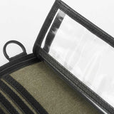 帆布雙併皮革墨綠短夾，皮標烙印LOGO、多功能內袋、壓扣零錢袋、魔鬼氈、掛環、透明開窗名片袋。