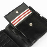 對比色黑白短夾，進口PU仿皮紋、烙印LOGO、多功能內袋、壓扣零錢袋。
