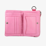 柔玫粉嫩短夾，短皮夾 、進口PU仿皮紋、烙印LOGO、多功能內袋、拉鍊零錢袋、手腕帶扣環、壓扣。