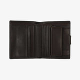 巧克力棕壓扣短夾，進口PU仿皮紋、烙印LOGO、多功能內袋、壓扣舌帶、壓扣零錢袋。