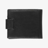 黝黑舌帶短夾，進口PU仿皮紋、烙印LOGO、開窗名片袋、多功能內袋、穿入式舌帶。