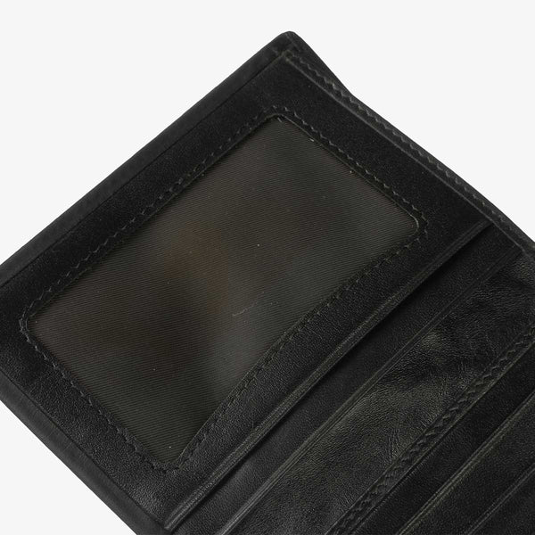 黑皮革短夾，進口PU仿皮紋、烙印LOGO、多功能內袋、開窗名片袋。