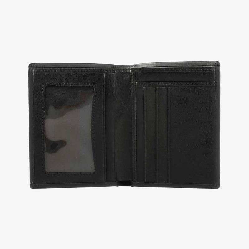 黑皮革短夾，進口PU仿皮紋、烙印LOGO、多功能內袋、開窗名片袋。