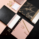 玫瑰金與大理石黑金工商日誌，多色平貼、進口玫瑰霧金PU皮紋、大理石霧黑金PU皮紋