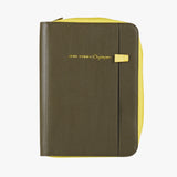 寬版手提帶拉鍊活頁工商日誌，植墨綠與黃