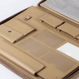 紳士古典拼接拉鍊交屋包，Logo烙印、壓印、拉鍊、立體資料袋、A4資料袋四孔活頁夾、立體印章袋、名片袋、鑰匙牌皮扣