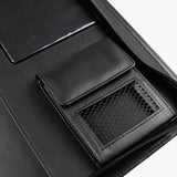 霧光黑交屋拉鍊包，LOGO烙印、燙色、拉鍊、立體資料袋、A4資料袋三孔活頁夾、立體印章網袋、存摺袋