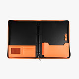 活力橘與丁香紫交屋包，烙印LOGO、壓印、燙銀、立體資料袋、活頁夾、開窗名片套、拉鑰匙皮扣