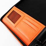 活力橘與丁香紫交屋包，烙印LOGO、壓印、燙銀、立體資料袋、活頁夾、開窗名片套、拉鑰匙皮扣